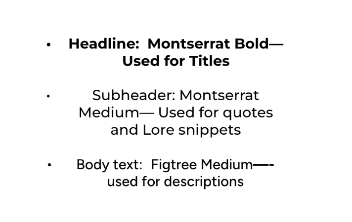 Guide explaining font styles: Montserrat Bold for titles, Montserrat Medium for quotes and Lore snippets, Figtree Medium for descriptions.