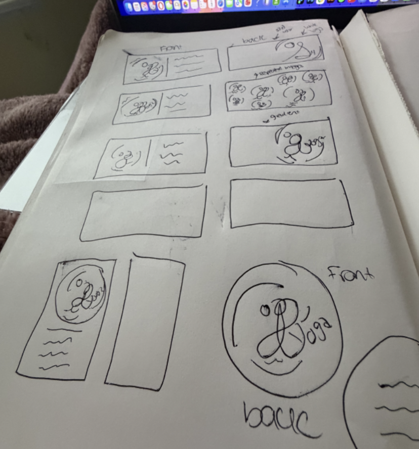 Hand-drawn sketches and notes on a large sheet of paper, including designs for a logo, text layouts, and mockups for a publication or product, with some notes in cursive.