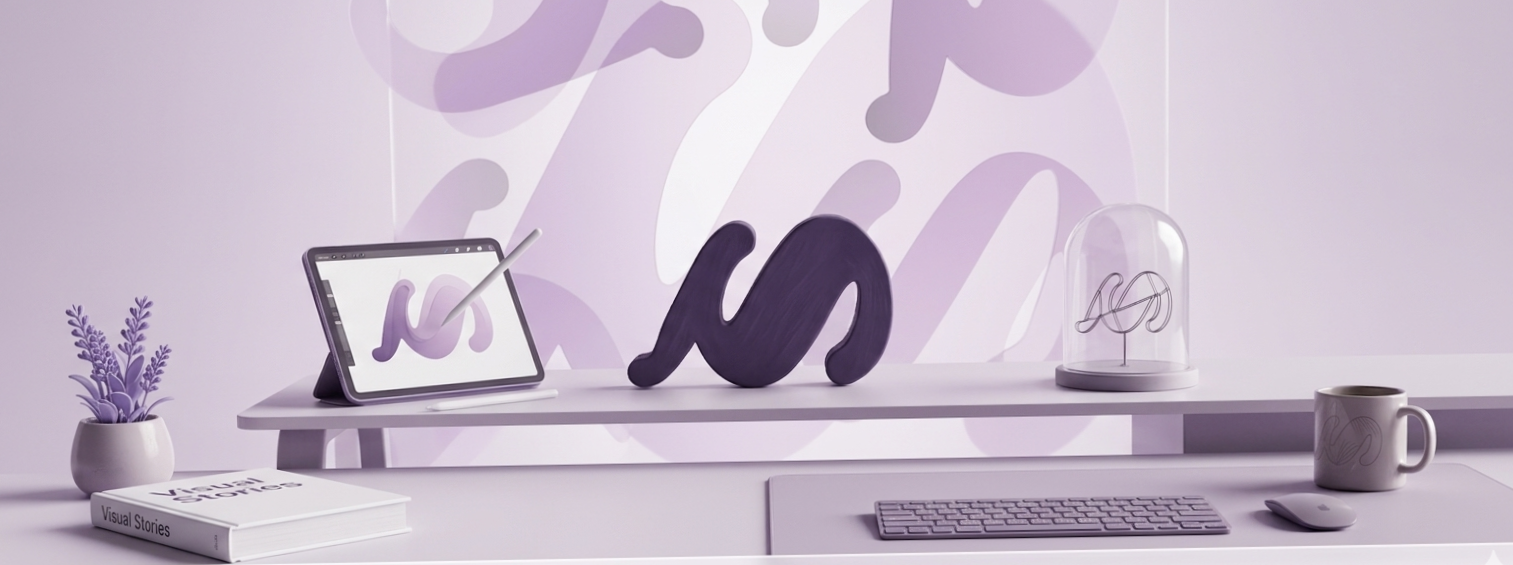 A workspace with a lavender theme featuring a tablet with a stylus, decorative purple and black sculptures, a mug, a keyboard, a mouse, and a book titled "Visual Stories" on a lavender desk, with lavender decorations.