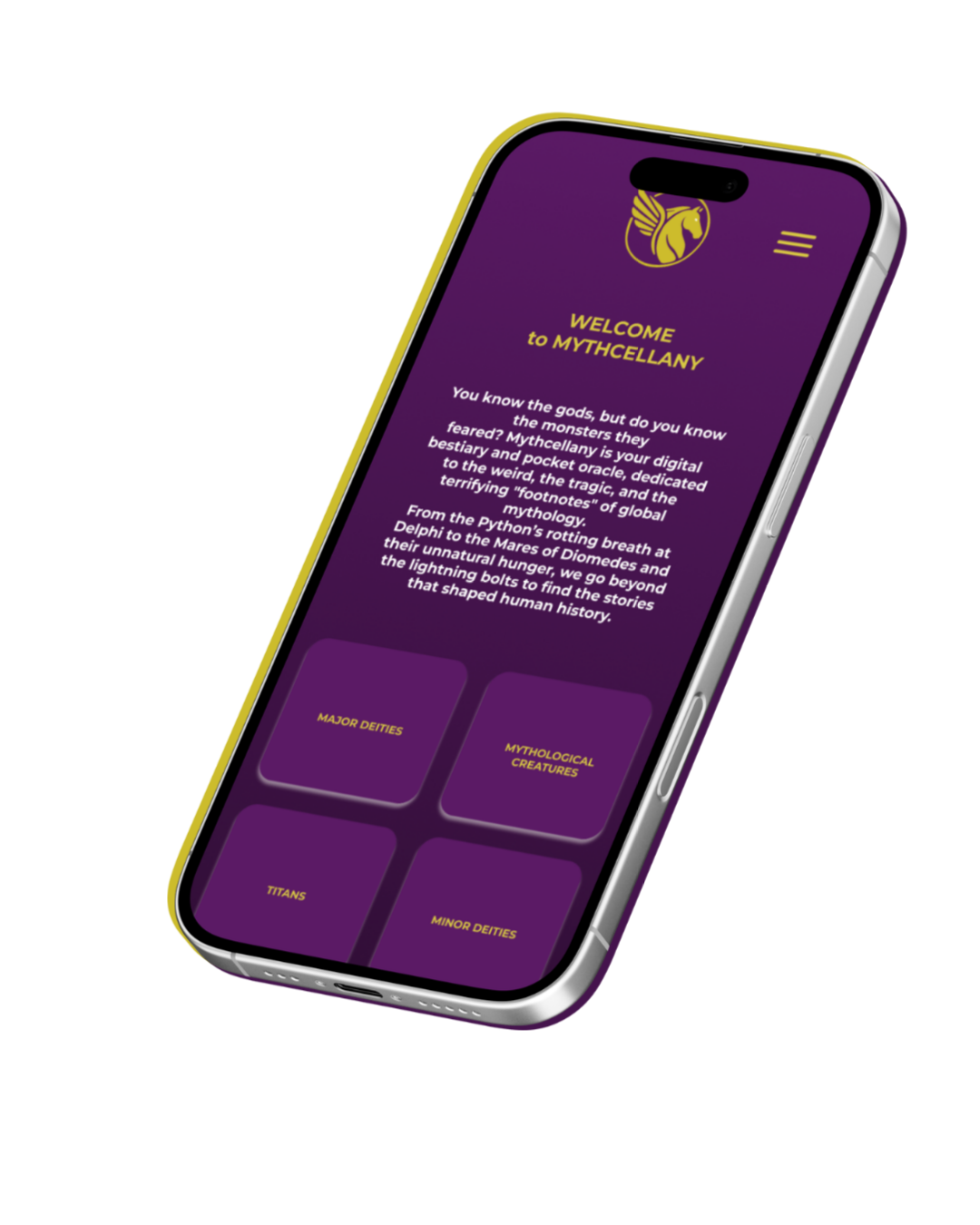 A smartphone screen displays an app called "Mythcellany" with a purple background, gold text, and categories such as Major Deities, Mythological Creatures, Titans, and Minor Deities.