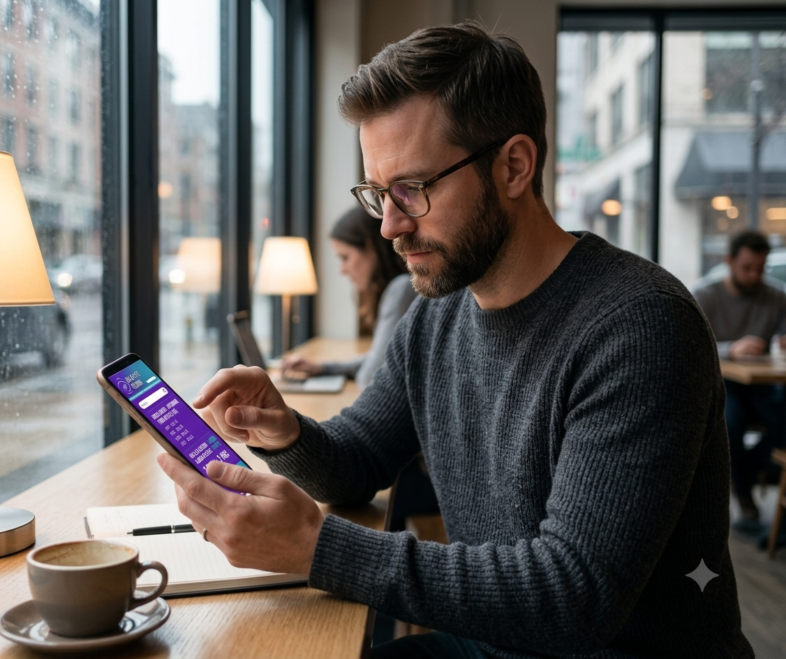A man with glasses and a beard wearing a dark sweater, sitting at a wooden table in a cafe, looking at his smartphone. There is a cup of coffee, a notebook, and a pen on the table. The cafe has large windows, with city buildings and pedestrians outside.