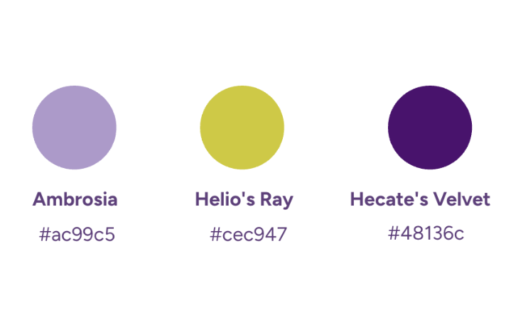 Three color swatches labeled Ambrosia, Helio's Ray, and Hecate's Velvet with their hex color codes.