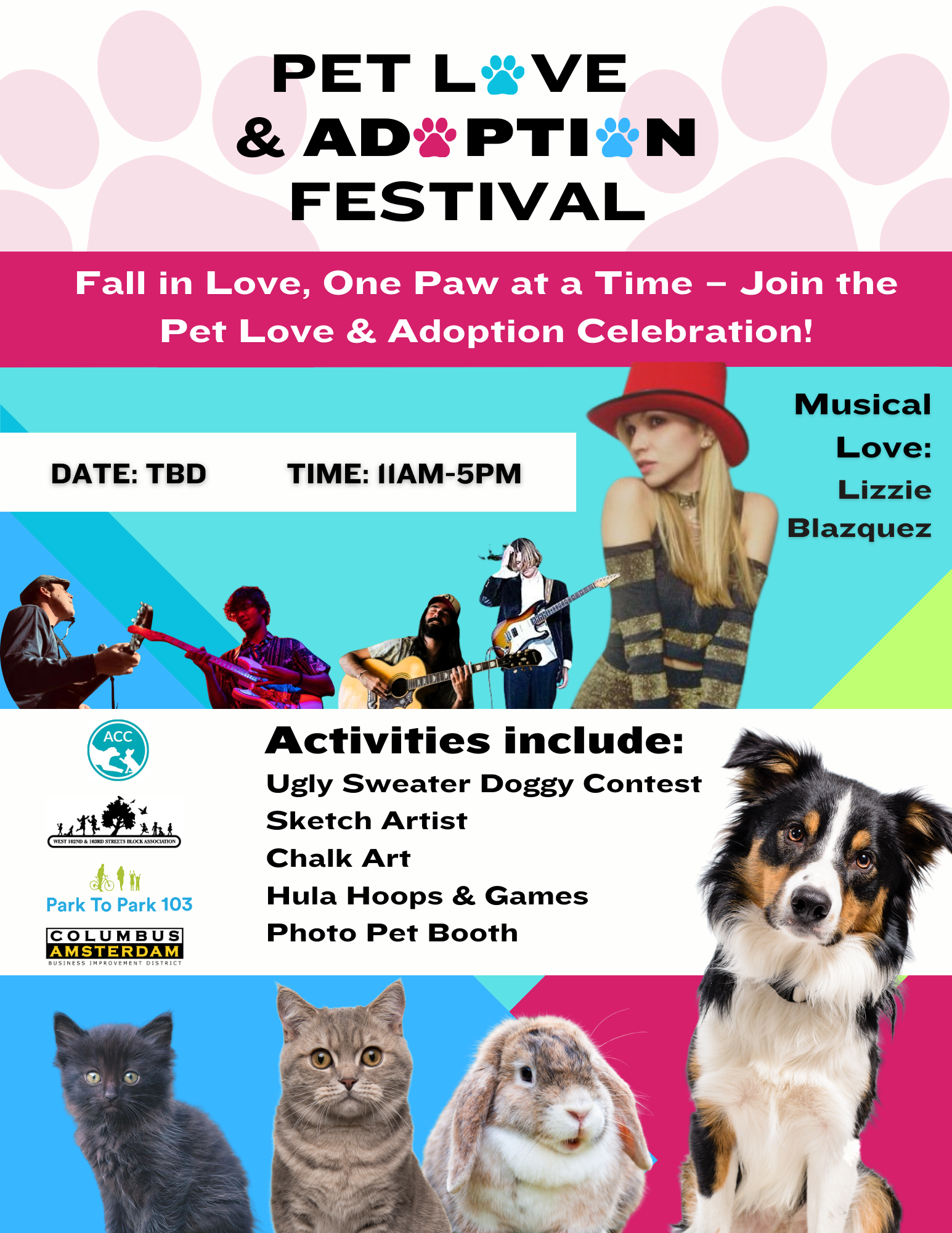 A colorful flyer for the Pet Love & Adoption Festival features images of cats, dogs, a rabbit, and a guinea pig. It includes event details, activities like an ugly sweater doggy contest, sketch art, chalk art, hula hoops, games, photo pet booth, and sponsors' logos.