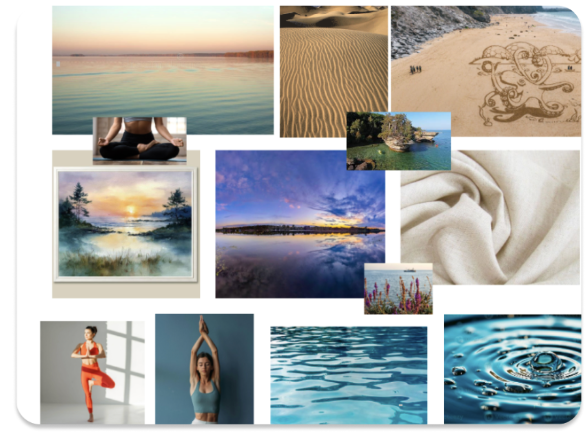 A collage of nature scenes and people practicing yoga, including a sunset over water, sand dunes, Buddha sand art, a landscape with trees by the water, a person meditating, a woman doing yoga, a person in a yoga pose, rippling water, and water droplets