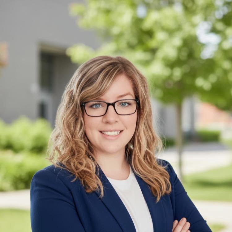 A woman with wavy blonde hair, glasses, and a blue blazer smiling outdoors.