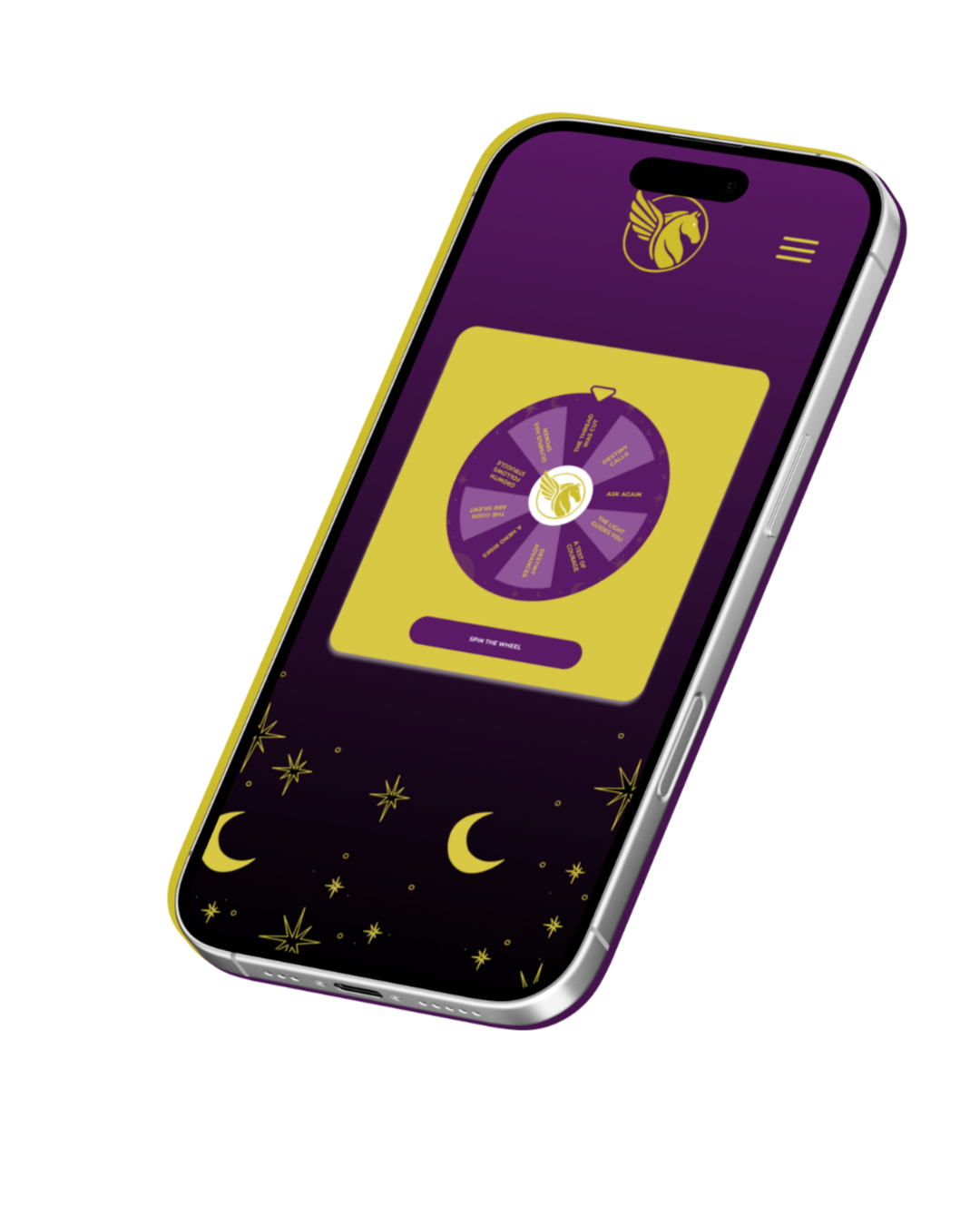 Smartphone displaying a game wheel with various options, featuring a purple and yellow color scheme, moon and star icons at the bottom.