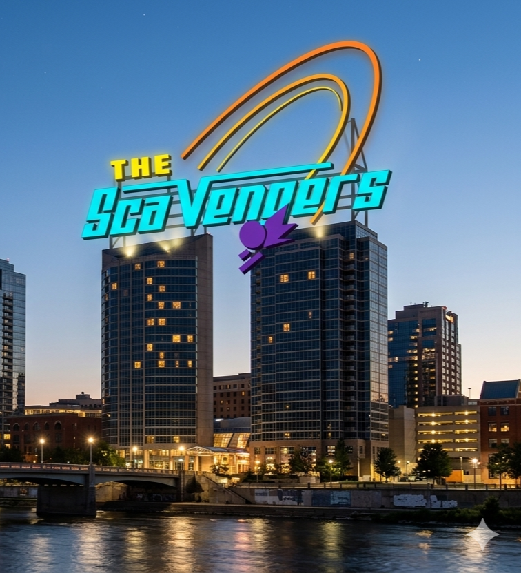 Nighttime cityscape with high-rise buildings along a river, illuminated by lights, with a neon sign for 'The ScaVengers' featuring stylized text and colorful design elements.