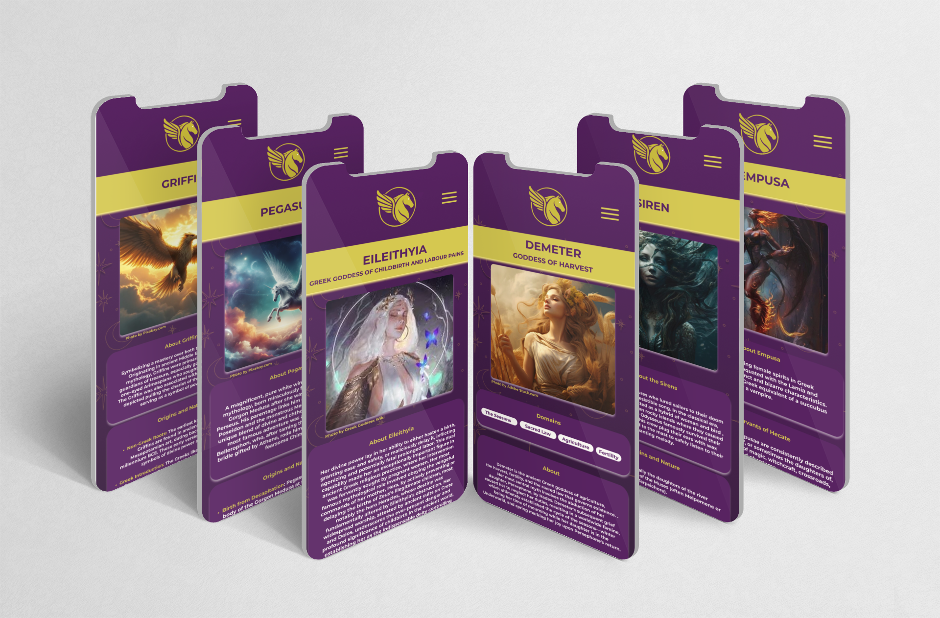 Collection of purple fantasy-themed cards featuring mythological figures and descriptions.