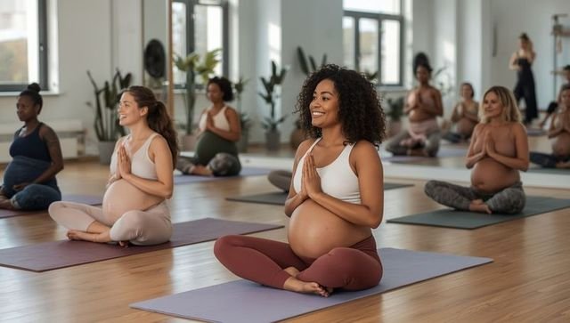 Pregnant women attending a prenatal yoga class, sitting in lotus position on yoga mats with hands in prayer pose, in a bright studio with large windows and plants.