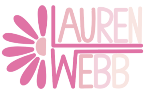 Pink stylized flower with alternating petal shapes next to the name 'LAUREN WEBB' in pink and light pink letters with lines underneath