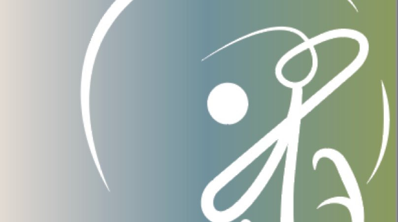 Abstract logo with white lines and a circular dot on a background that fades from gray to green.