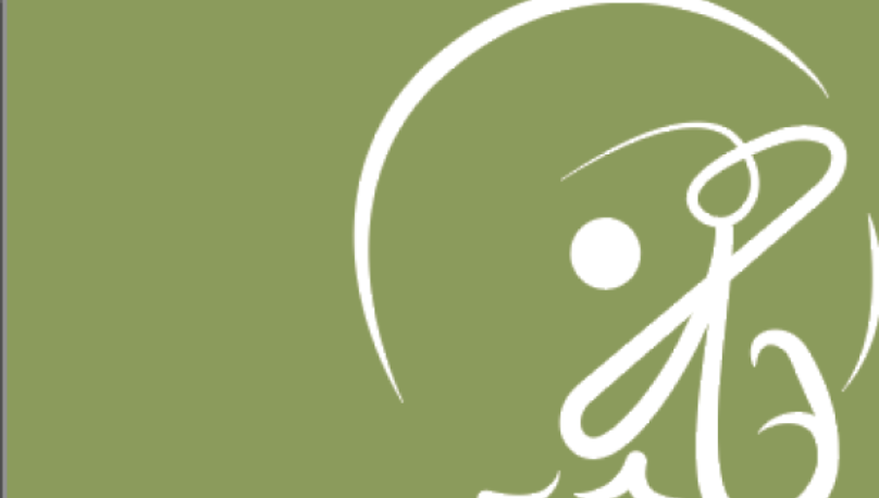 Abstract logo design with white lines on a green background, resembling a stylized person or figure.