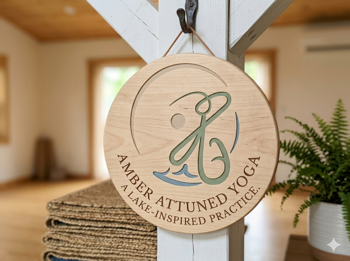 Wooden sign with the logo of Amber Attuned Yoga featuring a stylized person in a yoga pose, a moon, water waves, and the text "Amber Attuned Yoga A Lake-Inspired Practice". The sign is hanging on a hook inside a cozy room with a stack of towels and a potted fern.