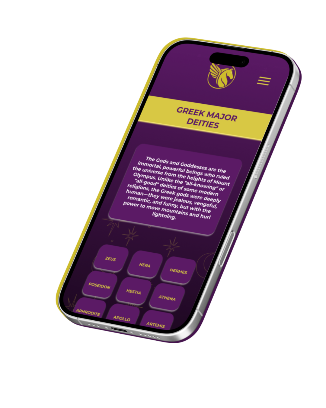 Smartphone displaying a quiz about Greek major deities, with questions and selectable answers like Zeus, Hera, Hermes, and others, against a purple and gold themed background.