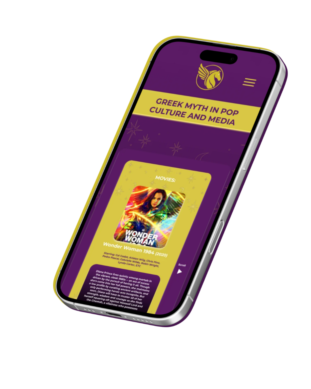 Smartphone screen displaying a website about Greek myth in pop culture and media, featuring a poster for the movie Wonder Woman (1984) with a description below.