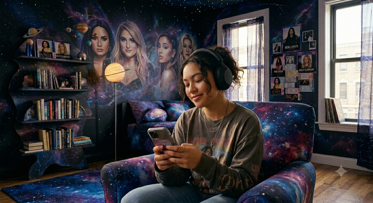 A young woman with curly hair, wearing headphones and a graphic T-shirt, sitting on a galaxy-themed couch, looking at her phone with a smile. The room has space-themed decor, including a mural of women's faces and planets on the wall, a bookshelf, a lamp, and windows with purple curtains.