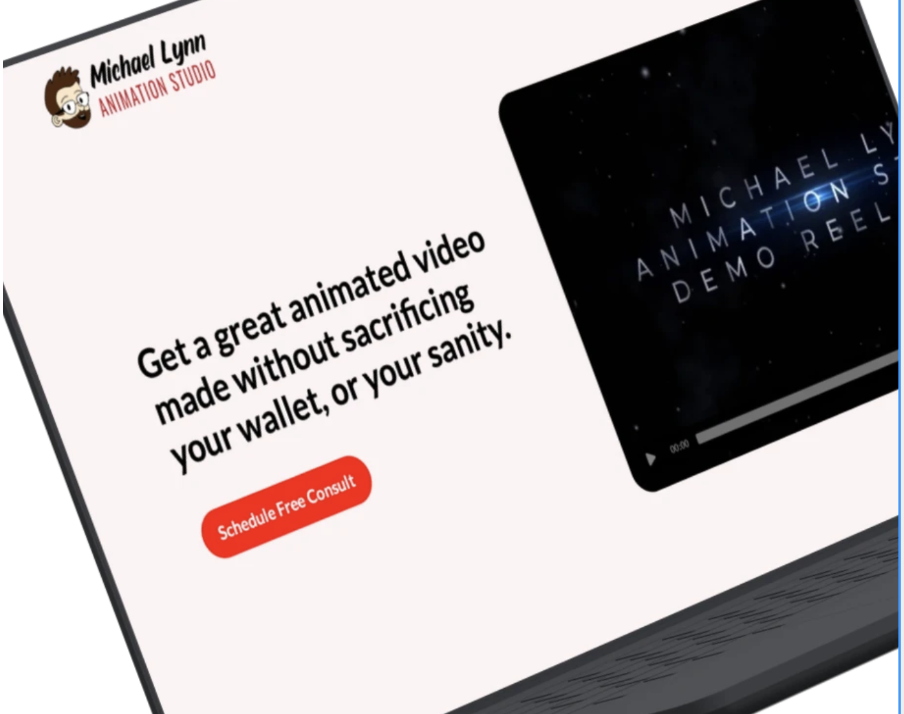 Web page advertising Michael Lynn Animation Studio offering animated videos without risking your wallet or sanity, with a red 'Schedule Free Consult' button and a video thumbnail.