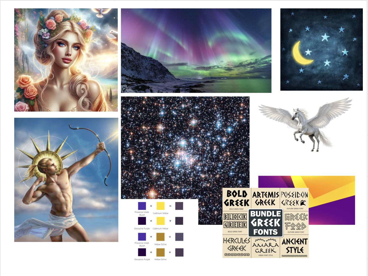 Collage of images showing a fantasy woman with flowers, northern lights over a mountain, a crescent moon and stars, a starry sky, a muscular archer with a sun halo, a winged horse, an array of Greek font styles, and a color palette chart.