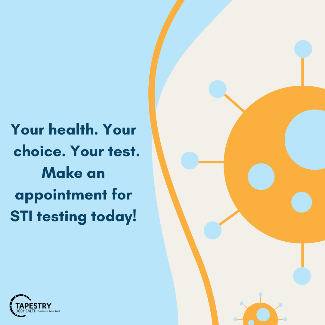A health awareness poster reminding individuals to make an appointment for STI testing, featuring a stylized graphic of virus or bacteria and text promoting health and testing.