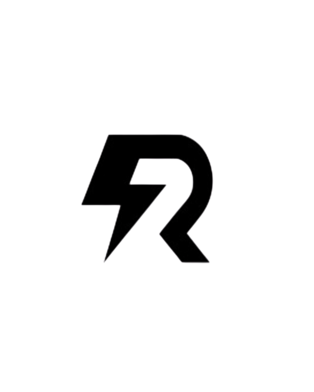 A black stylized letter R with a lightning bolt shape on the left side, set against a dark background with purple streaks.