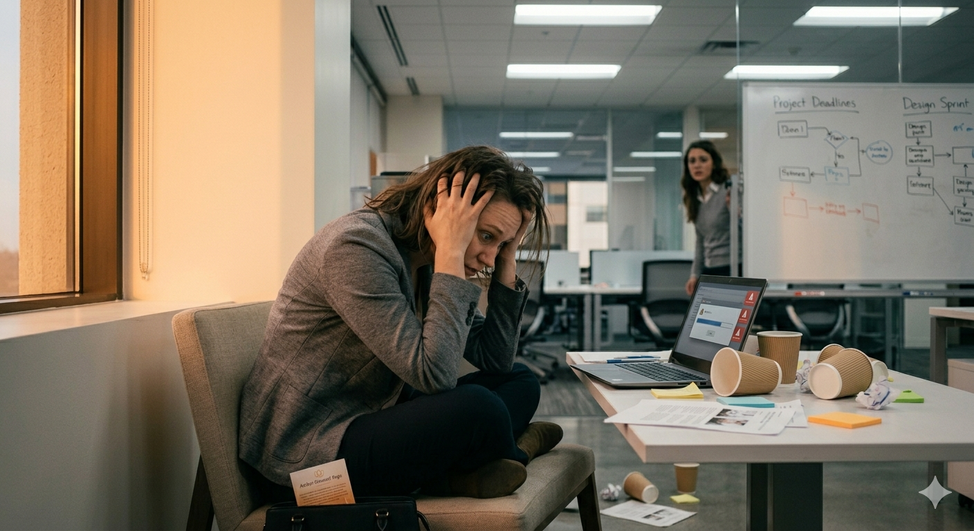 A woman looks stressed, sitting on a bench next to a messy table with paper cups, crumpled papers, and a laptop in an office. Another woman is in the background near a whiteboard with project plans.