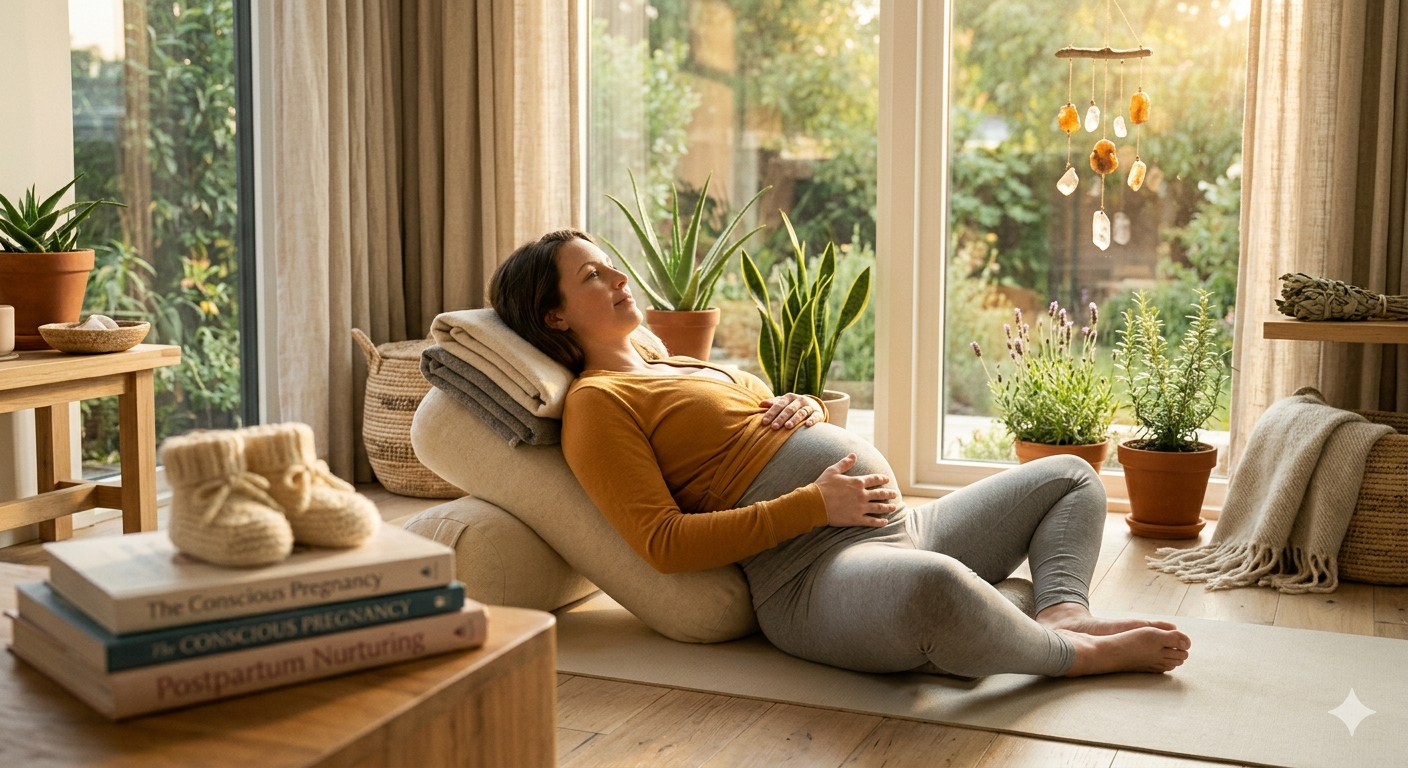 Pregnant woman relaxing on yoga mat in a bright room with large windows, potted plants, and shelves with books and decor.