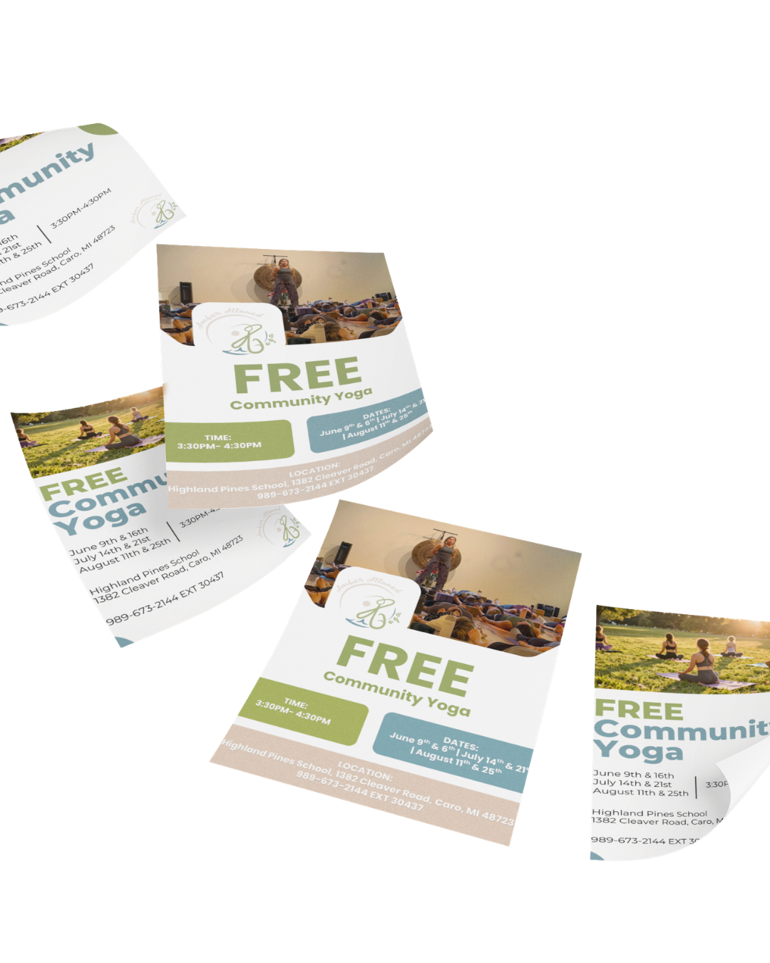 Flyers advertising free community yoga classes with details on dates, times, location, and contact information, featuring photos of yoga practice and a group class.