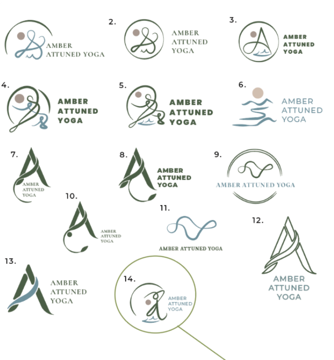 Collection of 14 different yoga logo designs for Amber Attuned Yoga, varying in style from abstract figures to stylized text, using green, blue, and brown colors.