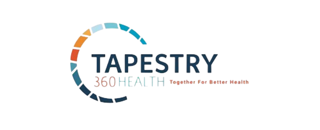 A colorful illustration featuring a peace symbol made of yarn with the words 'TAPESTRY OF HEALTH' and '150' written inside, indicating a health-related theme.