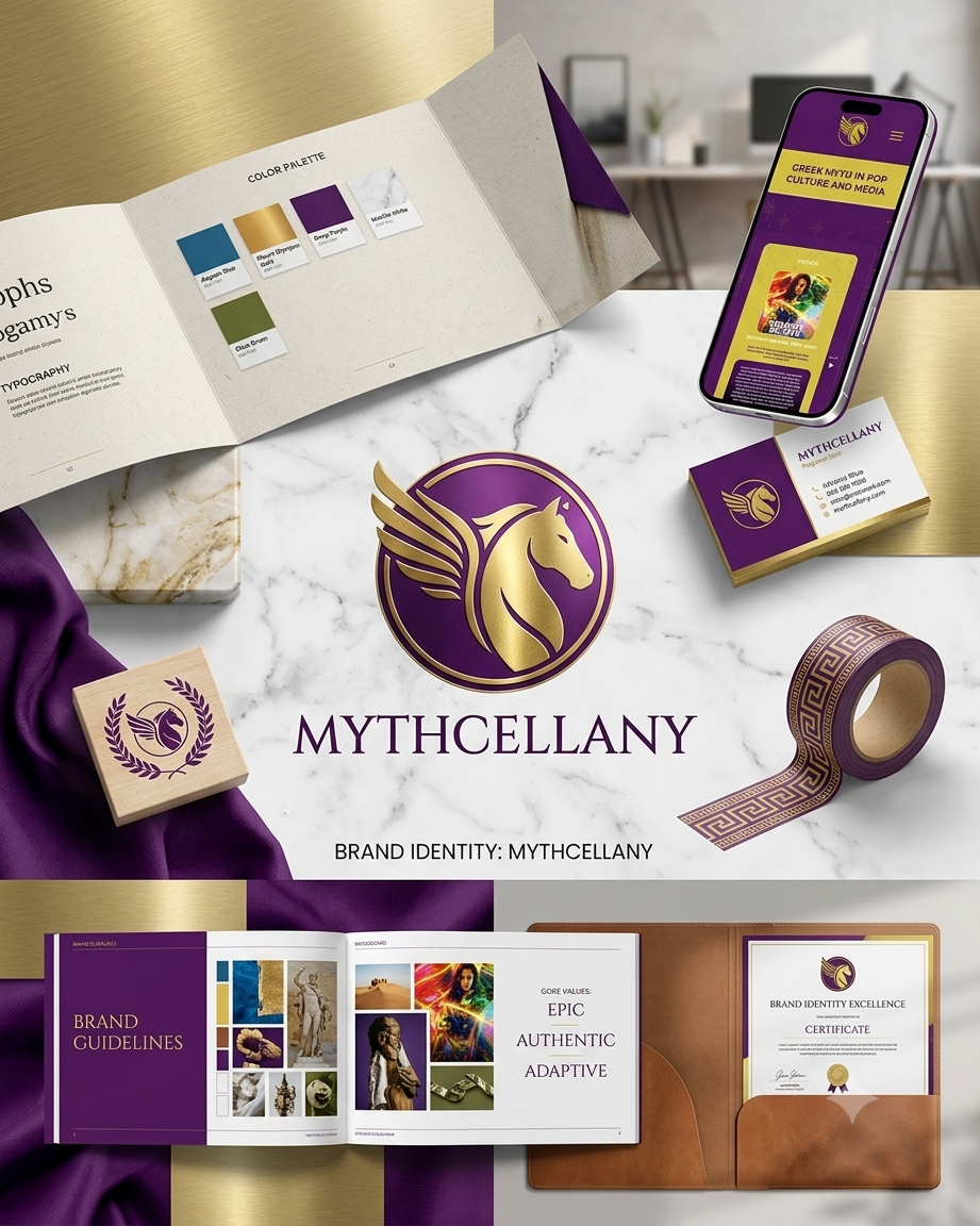 Brand identity presentation for Mythcellany featuring a logo with a winged horse, business cards, a color palette, a smartphone displaying promotional content, branded packaging, a booklet with brand guidelines, and a tape dispenser, all themed in purple and gold.