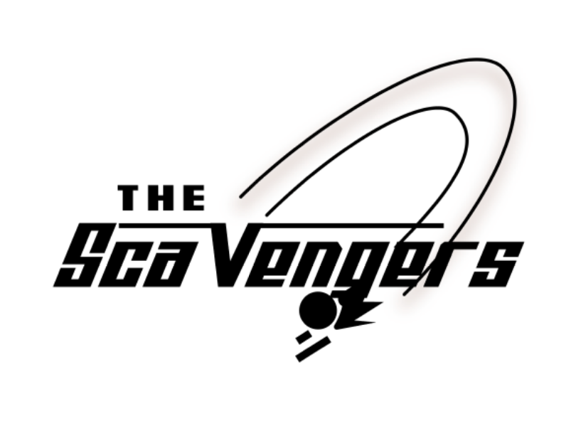 Logo of 'The SeaVengers' with stylized text and a small figure in a suit holding a streaking object, and a planetary ring in the background