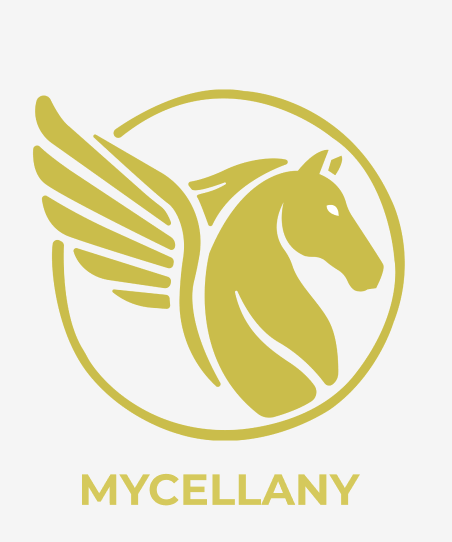 Gold logo of a horse with wing extending from its neck, encased in a circle, with the text "MYCELLANY" beneath.
