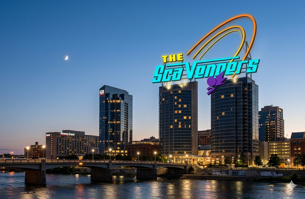 Downtown city skyline at dusk with illuminated buildings, a bridge over a river, and a neon sign for 'The Scavengers' with a stylized satellite or space-related graphic.