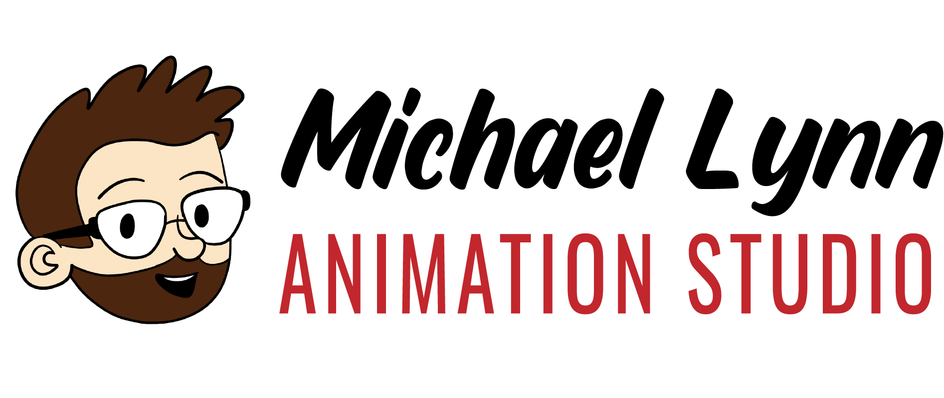 Logo for Michael Lynn Animation Studio featuring a cartoon character with glasses and a beard, with the studio name written in black and red text.