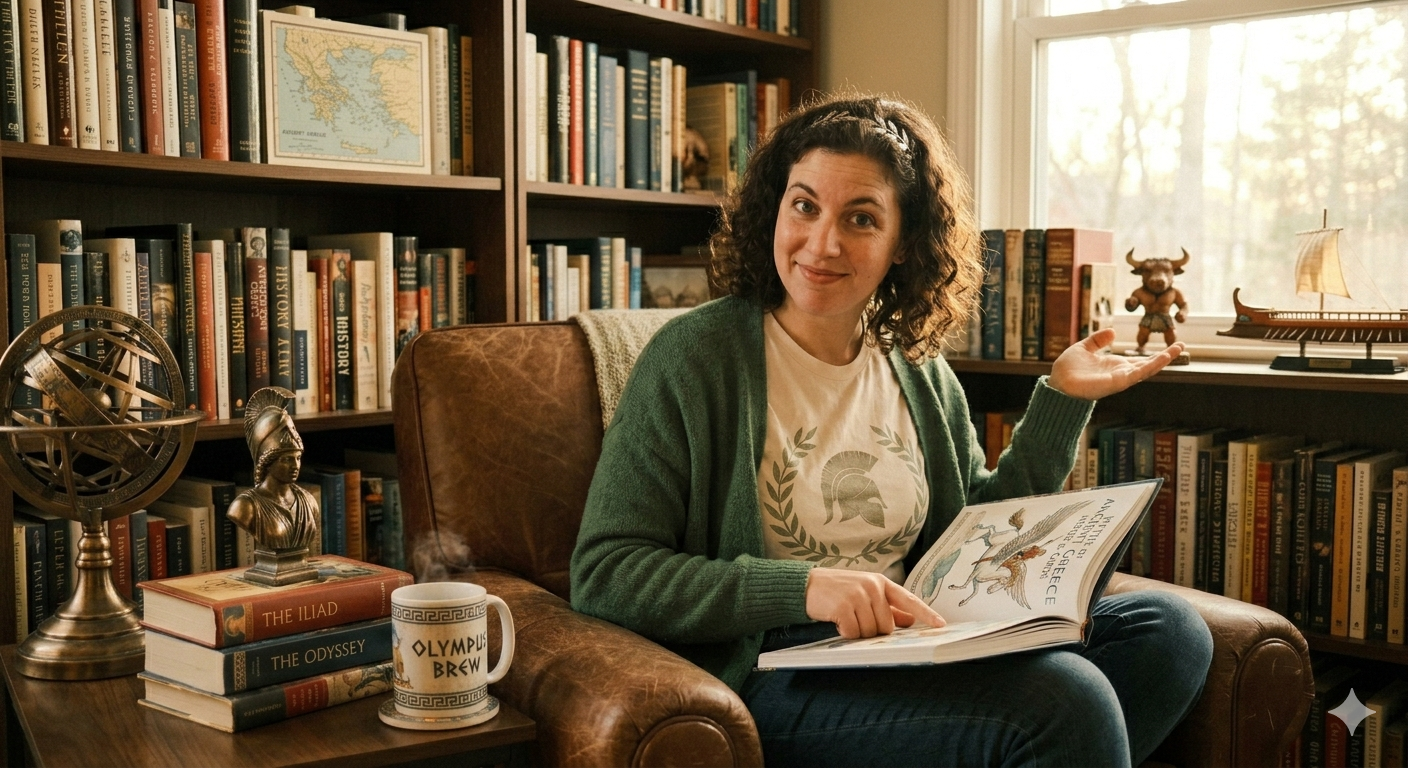 A woman with curly hair and a green cardigan sits in a cozy library, holding an open book about Greek mythology, with a smile. There are shelves of books behind her, a model ship, a globe, and a steaming mug on the side table.
