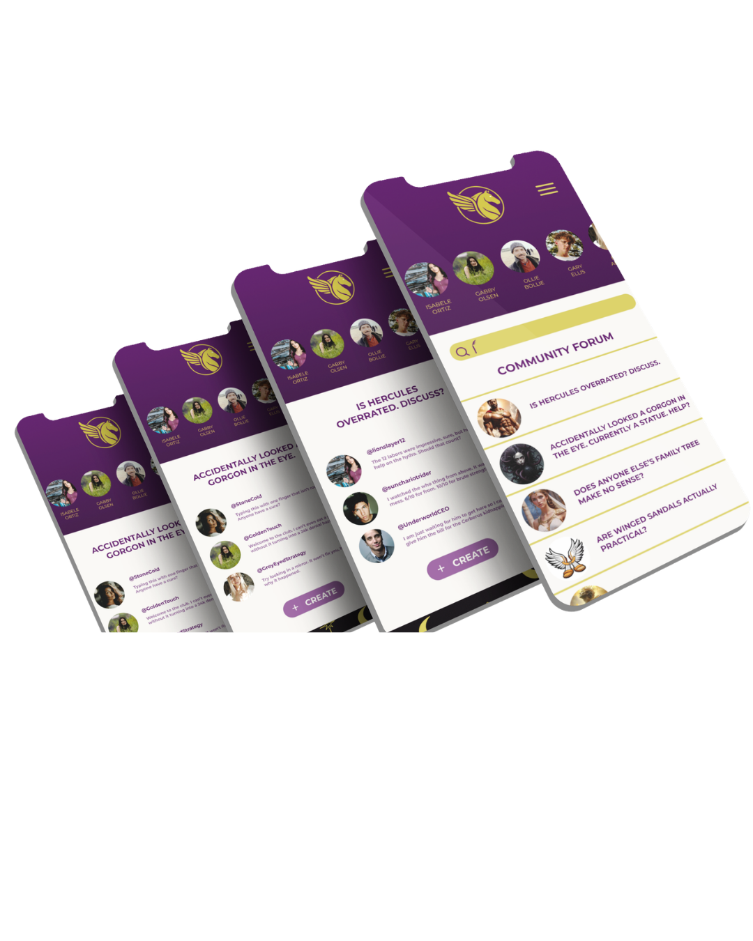 Mobile app screens showing a purple-themed community forum and chat interface with profile pictures, questions, and discussion topics.