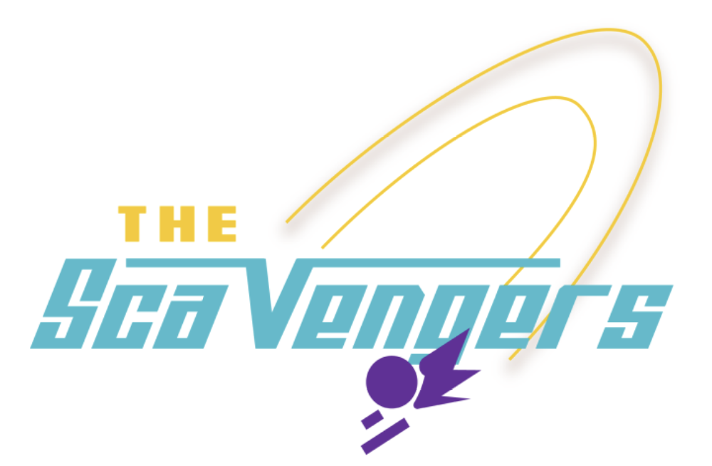 Logo for 'The Space Vengers' featuring stylized text, yellow orbit-like lines, and a purple figure with a lightning bolt.