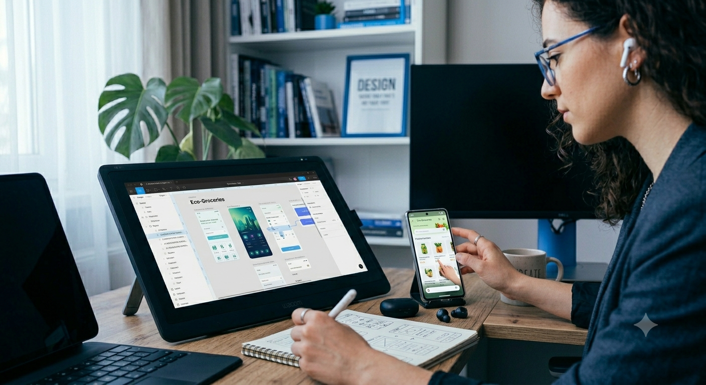 A woman working at a desk with a pen in one hand and a smartphone in the other, creating a grocery delivery app called Eco-Groceries. She is surrounded by a tablet, a laptop, earbuds, a coffee mug, and a large monitor, with a bookshelf and a green plant in the background.