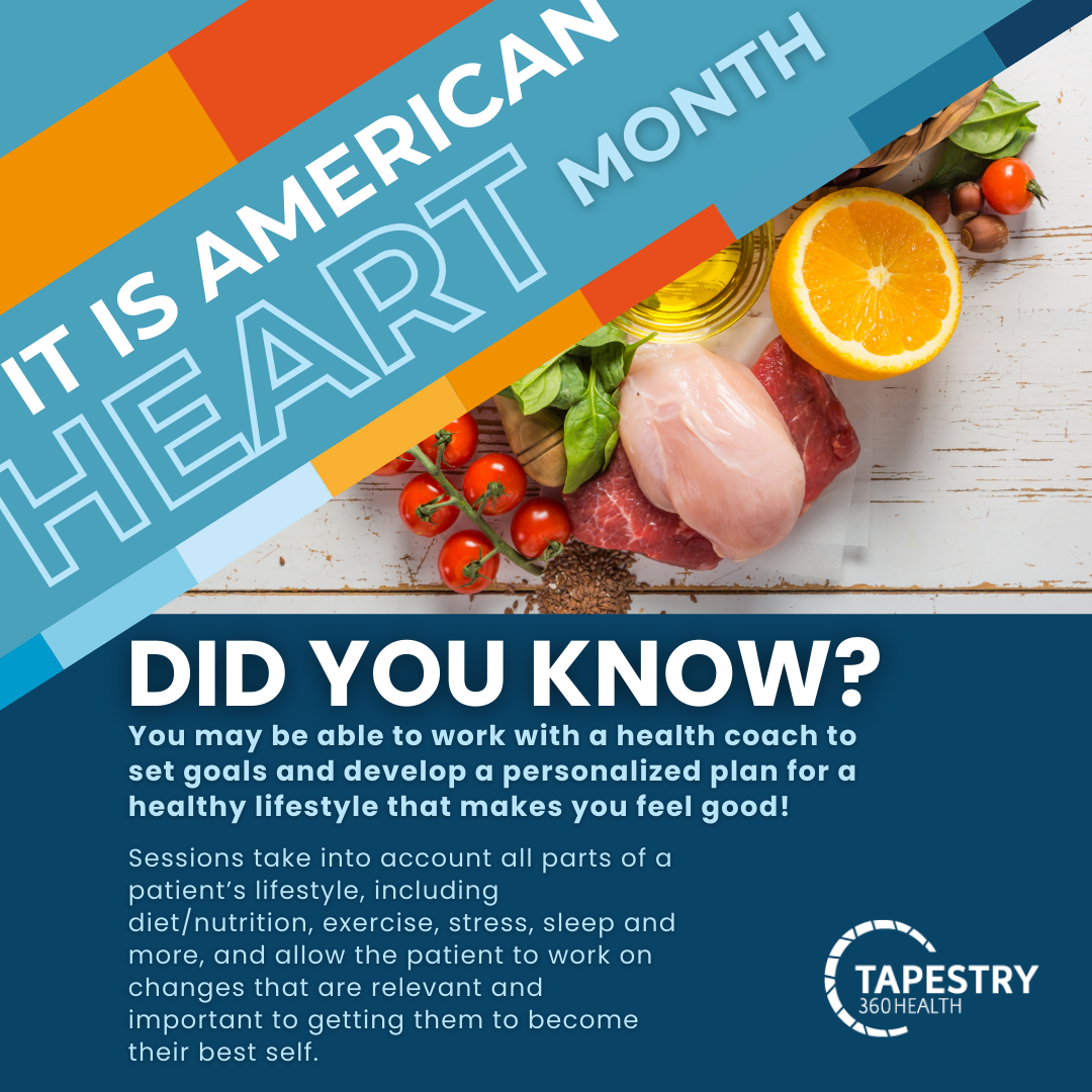 A promotional graphic celebrating American Heart Month, featuring fresh ingredients like cherry tomatoes, orange, raw chicken, beef, and vegetables with text emphasizing health and wellness.
