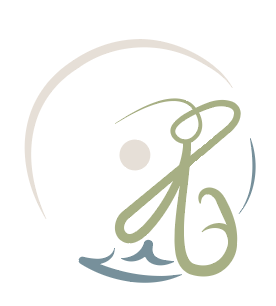 Abstract logo with a stylized person holding a large scissors shape, surrounded by curved lines in beige, green, and blue.