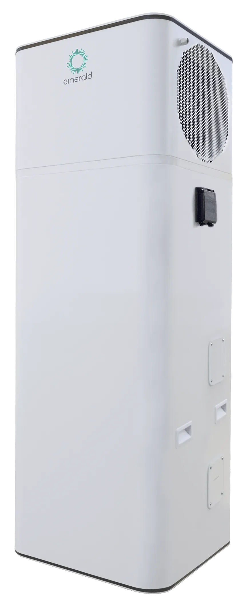 A white commercial refrigerator with a logo reading 'Emerald' at the top and a circular vent or fan on the upper right side.