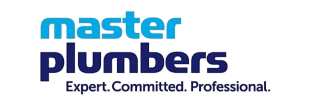 Logo for Master Plumbers with blue and purple text reading, "Master Plumbers," and a tagline, "Expert. Committed. Professional."