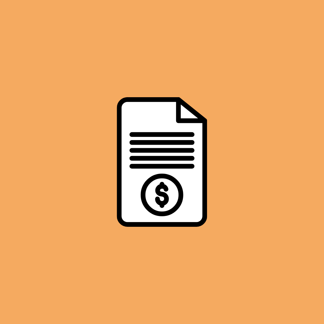 Icon of a document with a dollar sign on it, on an orange background.