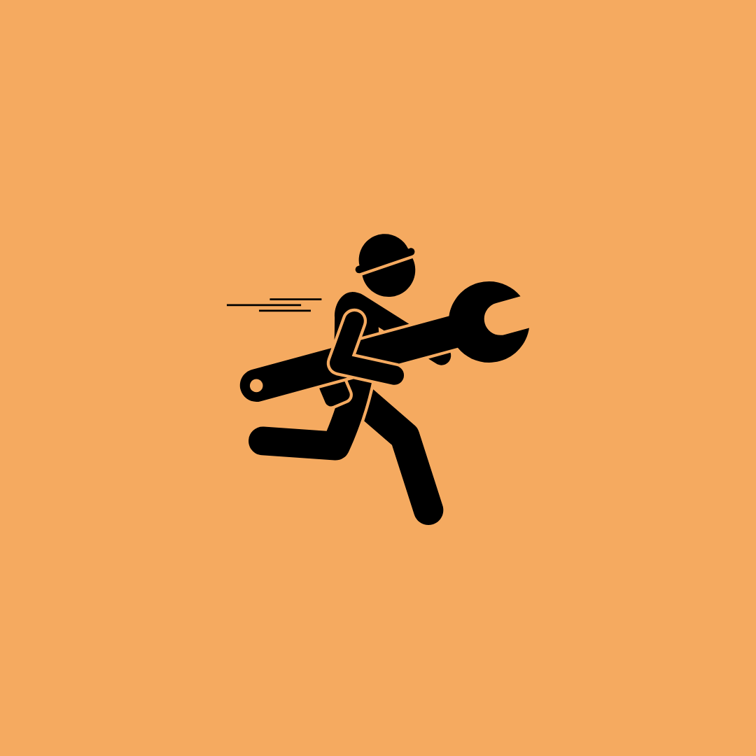 A black silhouette of a person running and holding a large wrench, with motion lines indicating speed, on an orange background.