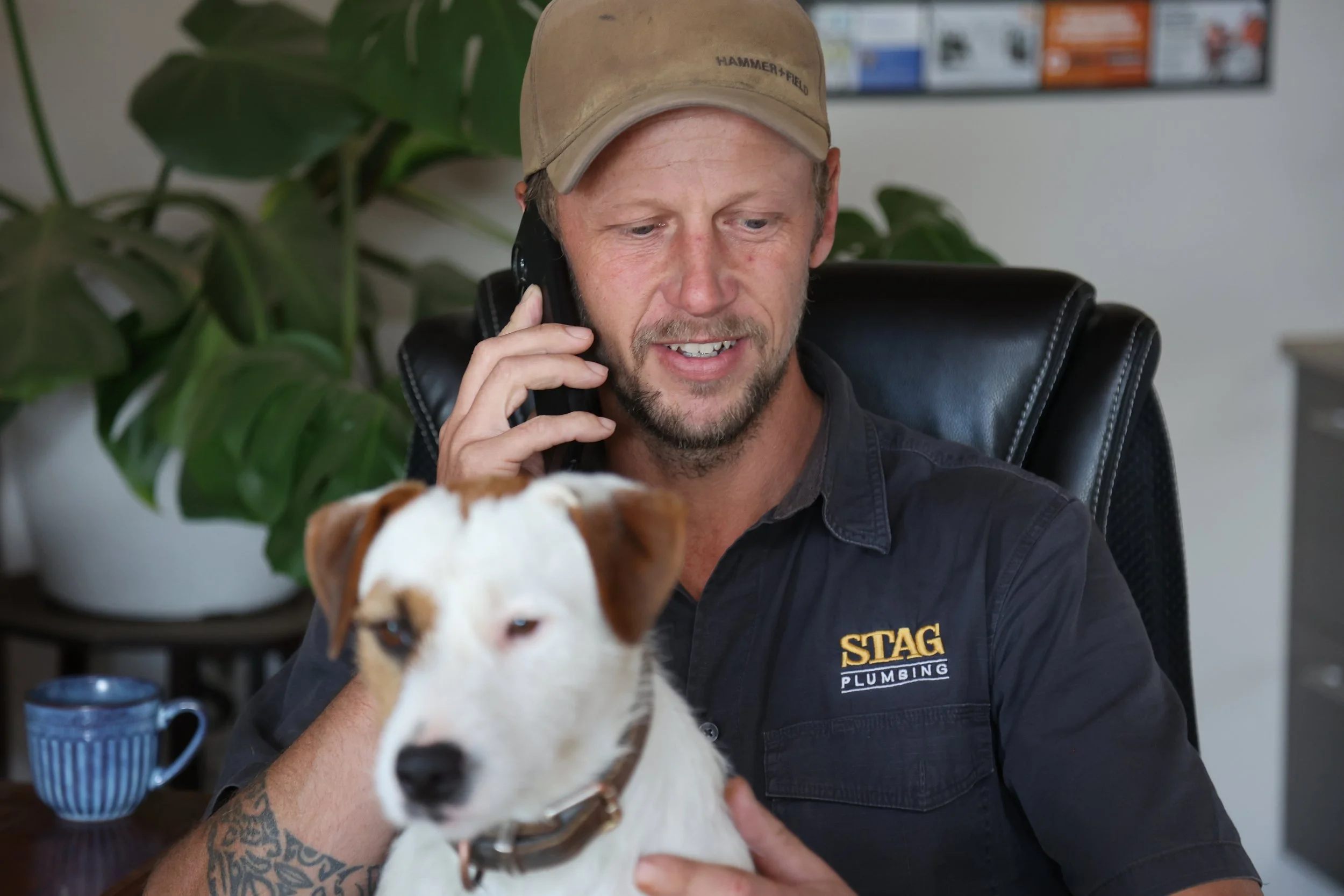 A man with a trimmed beard and a beige cap talking on a phone at a desk. He is wearing a dark uniform with a 'STAG Plumbing' patch. A dog with brown and white fur is in the foreground, reaching towards him.