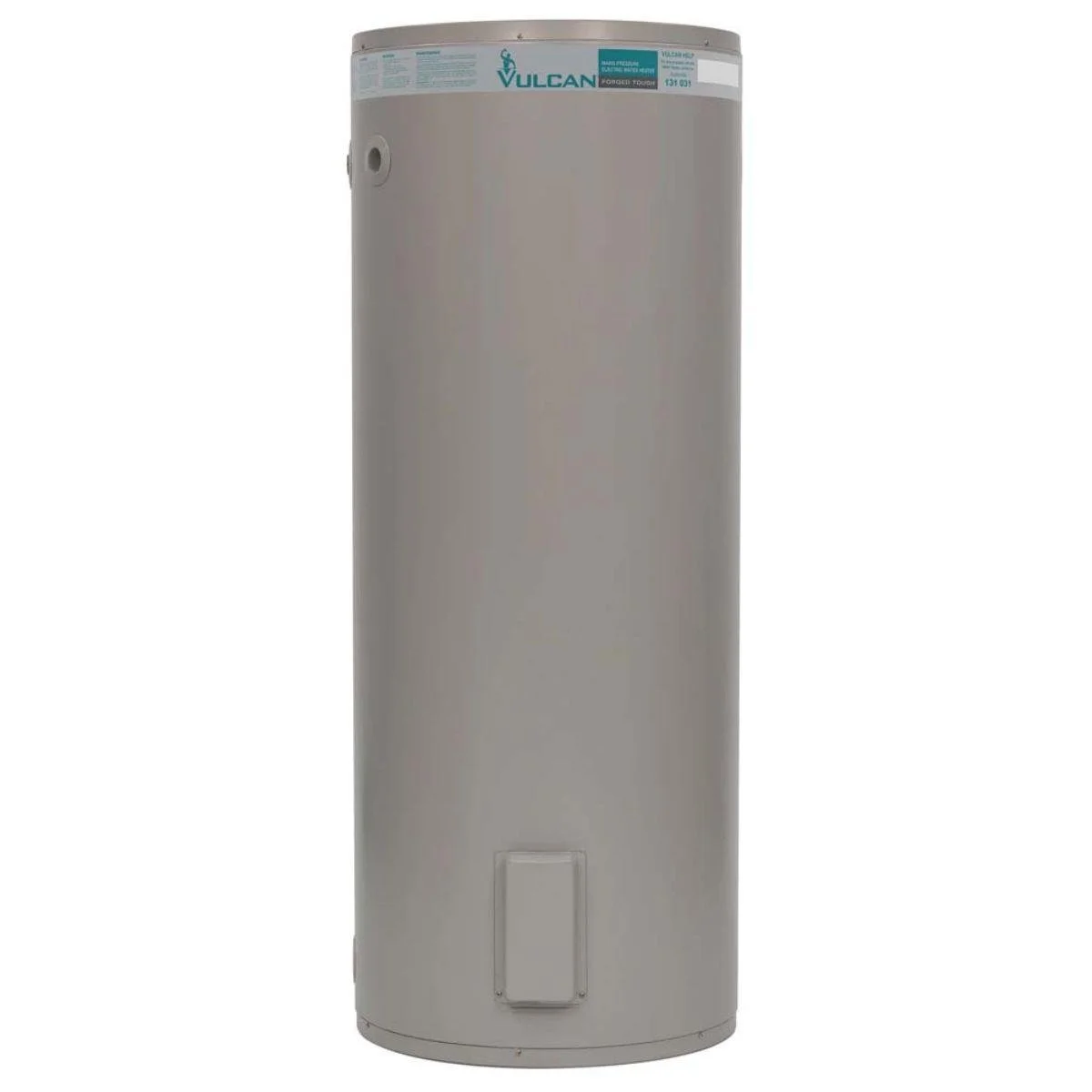 A tall, cylindrical, gray water heater with the brand name Vulcan on top.