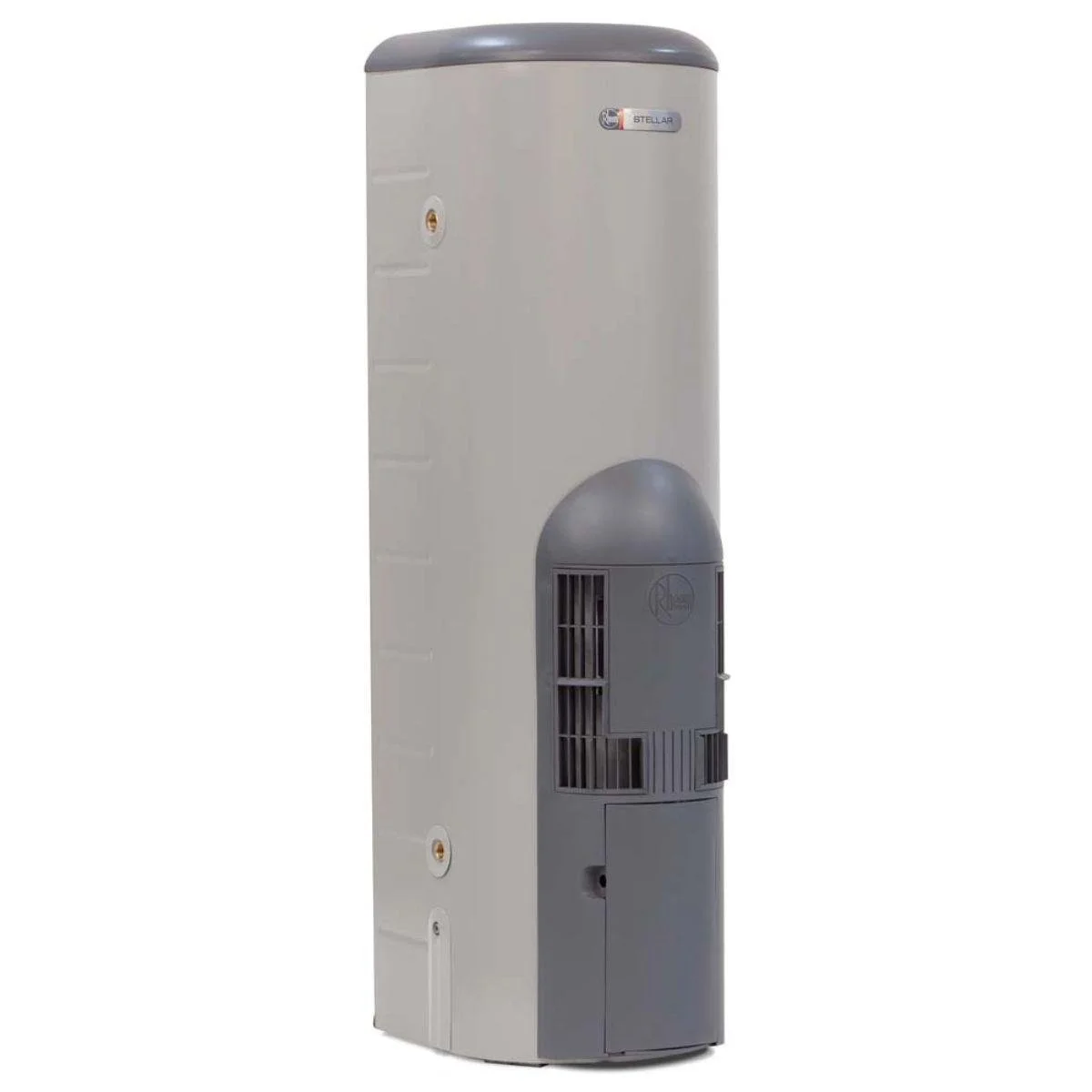A tall, beige and gray solar-powered water heater with vents and access panels.