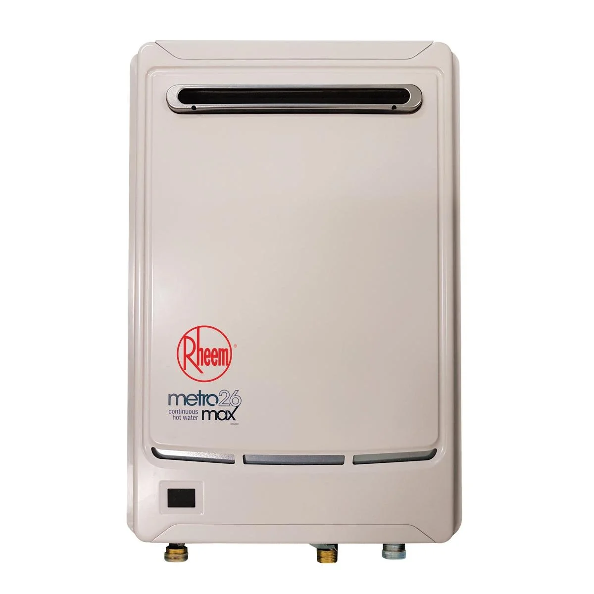 Front view of a Rheem Metro 26 Max continuous hot water heater tankless unit.