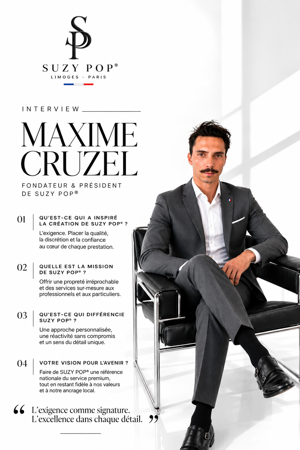 Page de magazine présentant une interview de Maxime Cruzol, fondateur et président de Suzy Pop, assis dans un fauteuil en cuir noir, portant un costume gris en façade lumineuse.