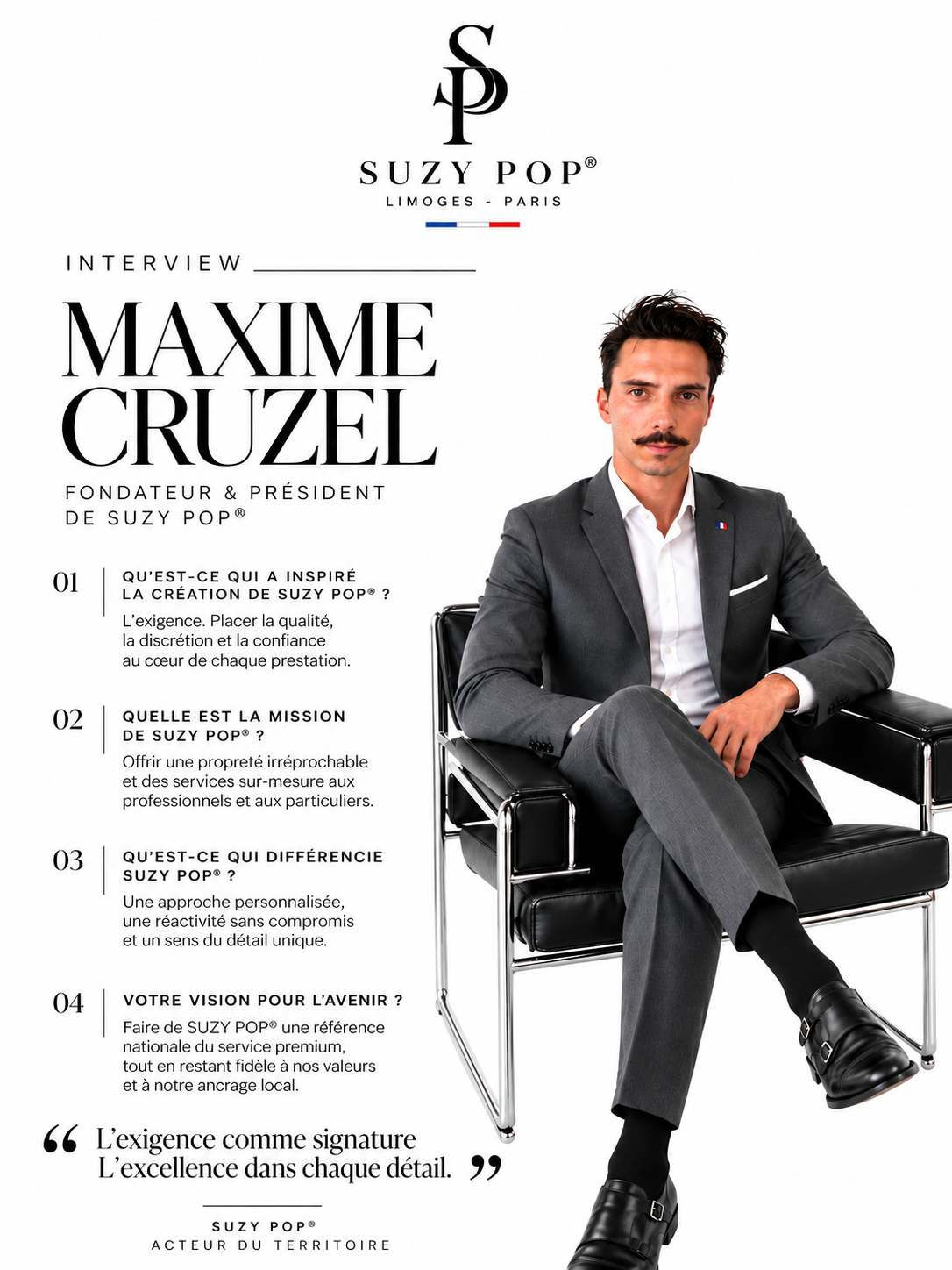 Portrait d'un homme en costume assis dans un fauteuil noir, sur une affiche promotionnelle de Suzy Pop, une société de nettoyage à Limoges-Paris, avec du texte en français présentant une interview de Maxime Cruzel.